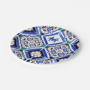 Azulejo Spanish Pattern Tiles Navy White Monogram Papieren Bordje