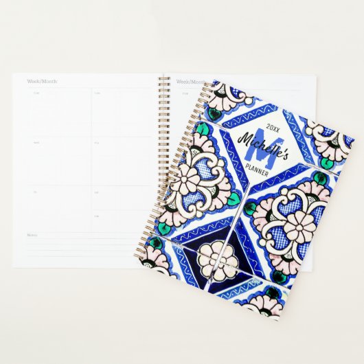 Azulejo Spanish Pattern Tiles Navy White Monogram Planner (Display)