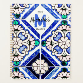 Azulejo Spanish Pattern Tiles Navy White Monogram Planner
