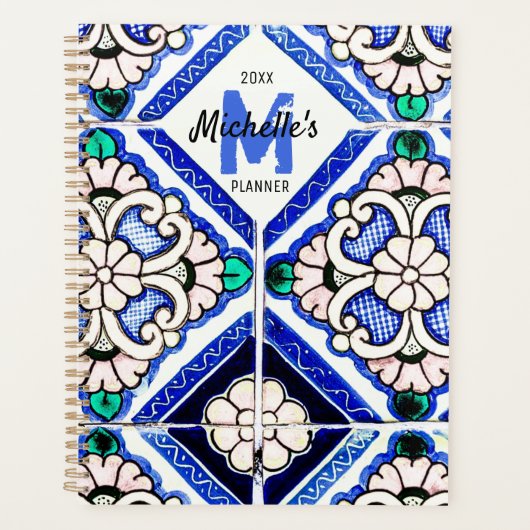 Azulejo Spanish Pattern Tiles Navy White Monogram Planner (Voorkant)