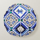Azulejo Spanish Pattern Tiles Navy White Monogram Rond Kussen (Voorkant)