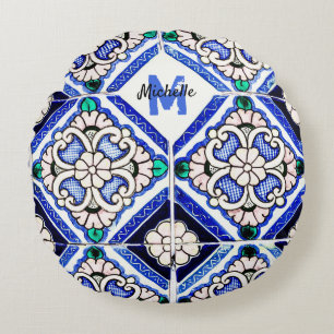 Azulejo Spanish Pattern Tiles Navy White Monogram Rond Kussen