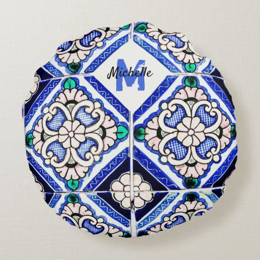 Azulejo Spanish Pattern Tiles Navy White Monogram Rond Kussen (Achterkant)