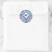 Azulejo Spanish Pattern Tiles Navy White Monogram Ronde Sticker (Tas)