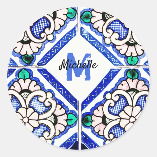 Azulejo Spanish Pattern Tiles Navy White Monogram Ronde Sticker (Voorkant)