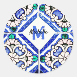 Azulejo Spanish Pattern Tiles Navy White Monogram Ronde Sticker