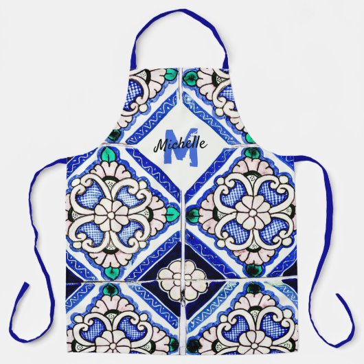 Azulejo Spanish Pattern Tiles Navy White Monogram Schort (Voorkant)