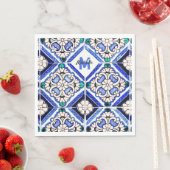 Azulejo Spanish Pattern Tiles Navy White Monogram Servet (Insitu)
