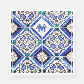 Azulejo Spanish Pattern Tiles Navy White Monogram Servet (Voorkant)