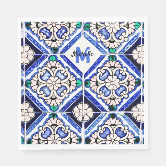 Azulejo Spanish Pattern Tiles Navy White Monogram Servet (Voorkant)