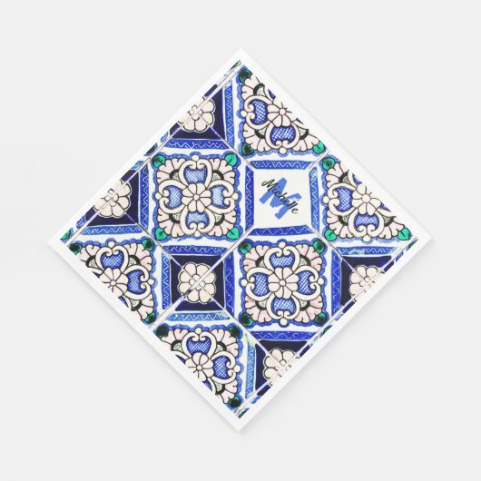 Azulejo Spanish Pattern Tiles Navy White Monogram Servet (Hoek)