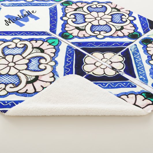 Azulejo Spanish Pattern Tiles Navy White Monogram Sherpa Deken (3/4)