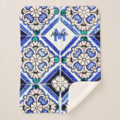 Azulejo Spanish Pattern Tiles Navy White Monogram Sherpa Deken (Voorkant)