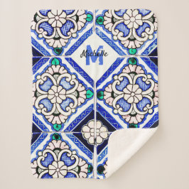 Azulejo Spanish Pattern Tiles Navy White Monogram Sherpa Deken