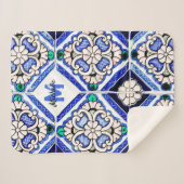 Azulejo Spanish Pattern Tiles Navy White Monogram Sherpa Deken (Voorkant (horizontaal))