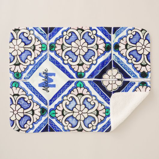 Azulejo Spanish Pattern Tiles Navy White Monogram Sherpa Deken (Voorkant (horizontaal))