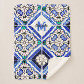 Azulejo Spanish Pattern Tiles Navy White Monogram Sherpa Deken (Voorkant)