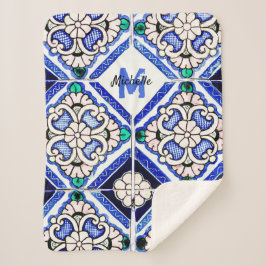 Azulejo Spanish Pattern Tiles Navy White Monogram Sherpa Deken