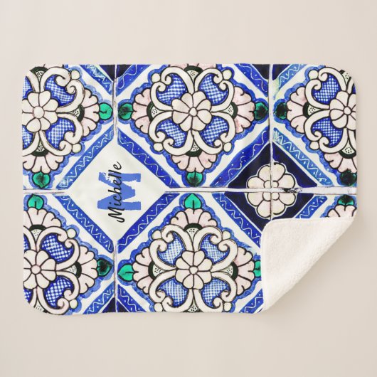 Azulejo Spanish Pattern Tiles Navy White Monogram Sherpa Deken (Voorkant (horizontaal))