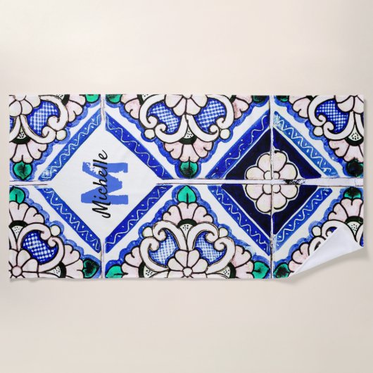 Azulejo Spanish Pattern Tiles Navy White Monogram Strandlaken (Voorkant)