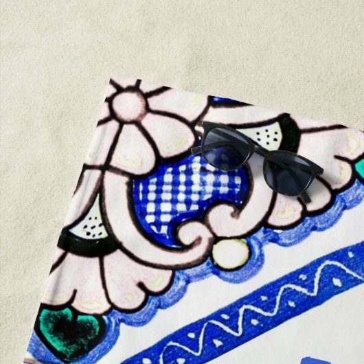 Azulejo Spanish Pattern Tiles Navy White Monogram Strandlaken (In situ)