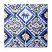 Azulejo Spanish Pattern Tiles Navy White Monogram Tegeltje (Voorkant)