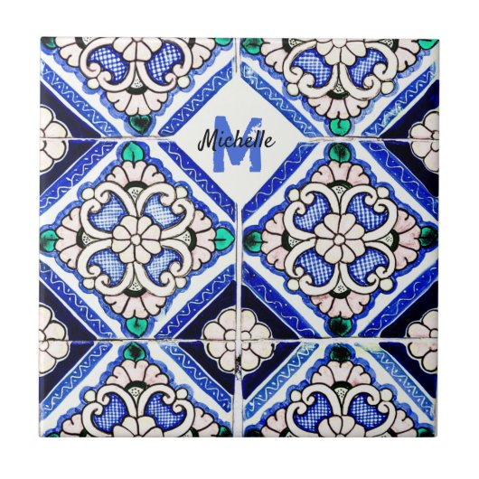 Azulejo Spanish Pattern Tiles Navy White Monogram Tegeltje (Voorkant)