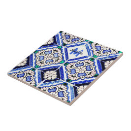 Azulejo Spanish Pattern Tiles Navy White Monogram Tegeltje