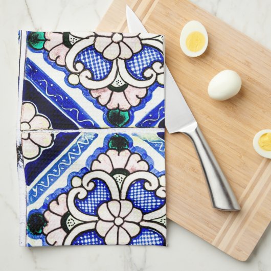 Azulejo Spanish Pattern Tiles Navy White Monogram Theedoek (Quarter Fold)