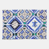 Azulejo Spanish Pattern Tiles Navy White Monogram Theedoek (Horizontaal)
