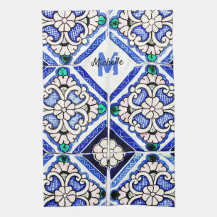 Azulejo Spanish Pattern Tiles Navy White Monogram Theedoek