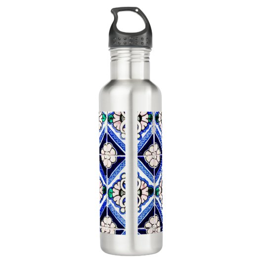 Azulejo Spanish Pattern Tiles Navy White Monogram Waterfles (Achterkant)