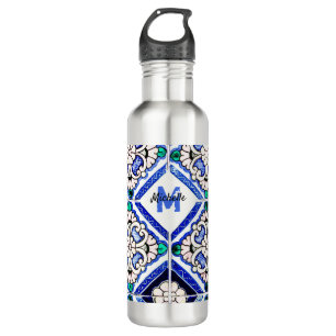 Azulejo Spanish Pattern Tiles Navy White Monogram Waterfles