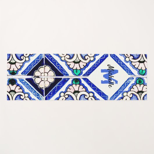 Azulejo Spanish Pattern Tiles Navy White Monogram Yogamat (Voorkant (horizontaal))
