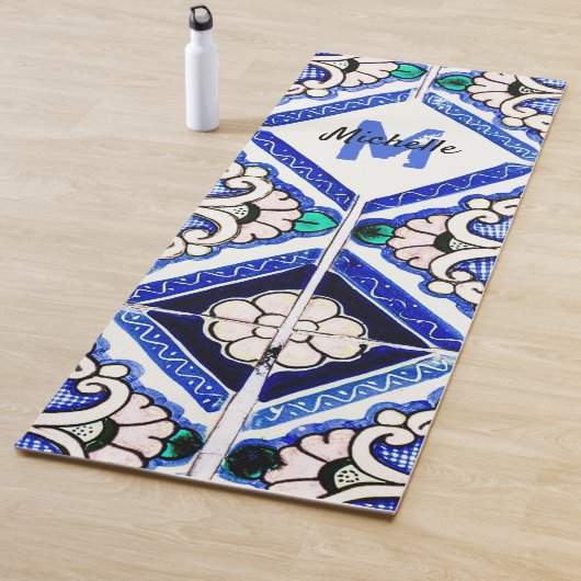 Azulejo Spanish Pattern Tiles Navy White Monogram Yogamat (In situ)