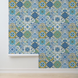 Azulejo tegels in blauw en geel behang