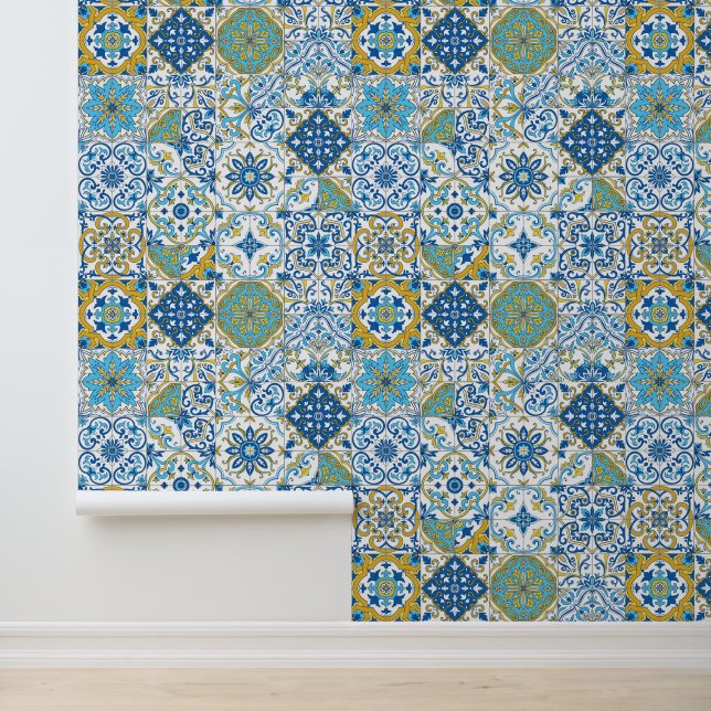 Azulejo tegels in blauw en geel behang (Applicatie)