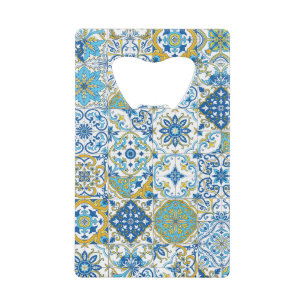 Azulejo-tegels in blauw en geel creditkaart flessenopener