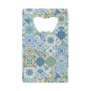 Azulejo-tegels in blauw en geel creditkaart flessenopener