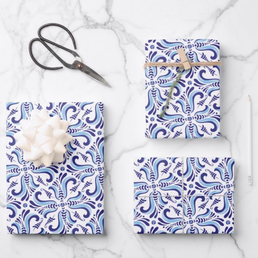 Azulejos Blue Floral Pattern Inpakpapier Vel (Voorkant)