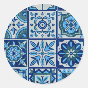 Azulejos Blue Portugal Pattern Ronde Sticker