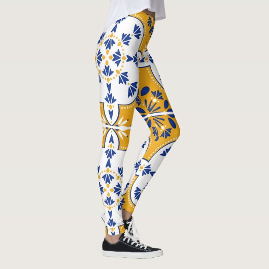Azulejos Blue Yellow White Pattern Tegel Leggings (Rechts)