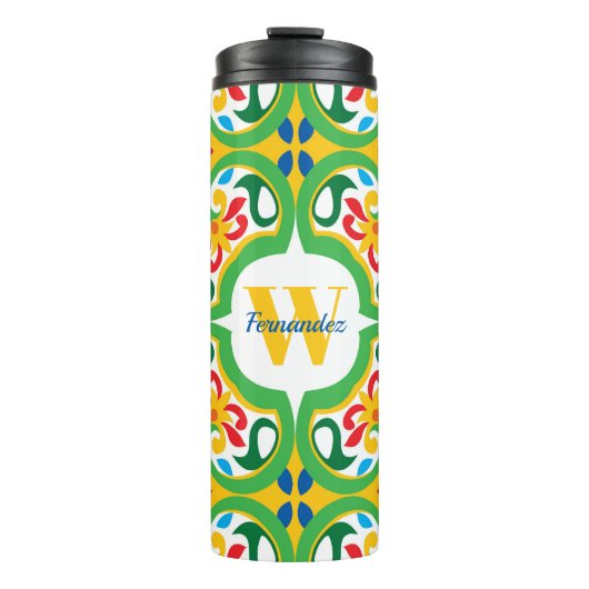 💛🧡💚 Azulejos, decoratief patroon, gepersonalis Thermosbeker (Voorkant)