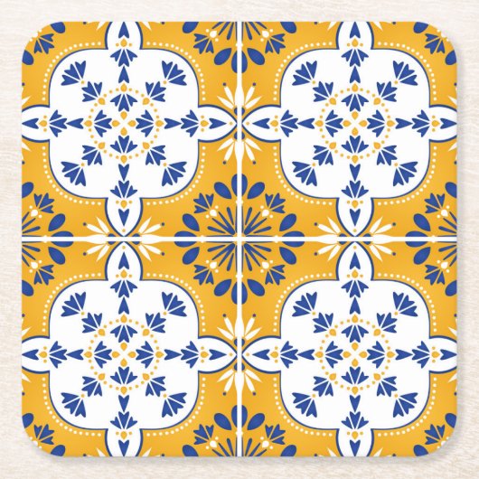 Azulejos Portugese Tegel White Mustard Yellow Blue Kartonnen Onderzetters (Voorkant)