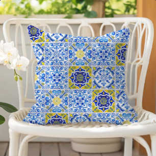 Azulejos Tegelpatroon Blauw Wit Geel Buitenkussen