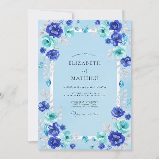 Azur Cobalt Ranunculus Eucalyptus Bruiloft Kaart (Voorkant)