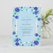 Azur Cobalt Ranunculus Eucalyptus Bruiloft Kaart (Staand voorkant)