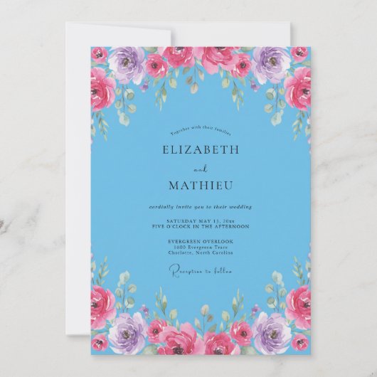 Azur Magenta Wilde Bloemen Bruiloft Kaart (Voorkant)