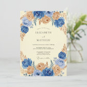 Azurale Gouden Ranunculus Eucalyptus Bruiloft Kaart (Staand voorkant)
