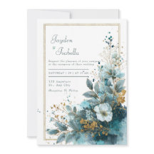 Azurblauw Turkoois Goud Glitter Waterverf Bloem Br